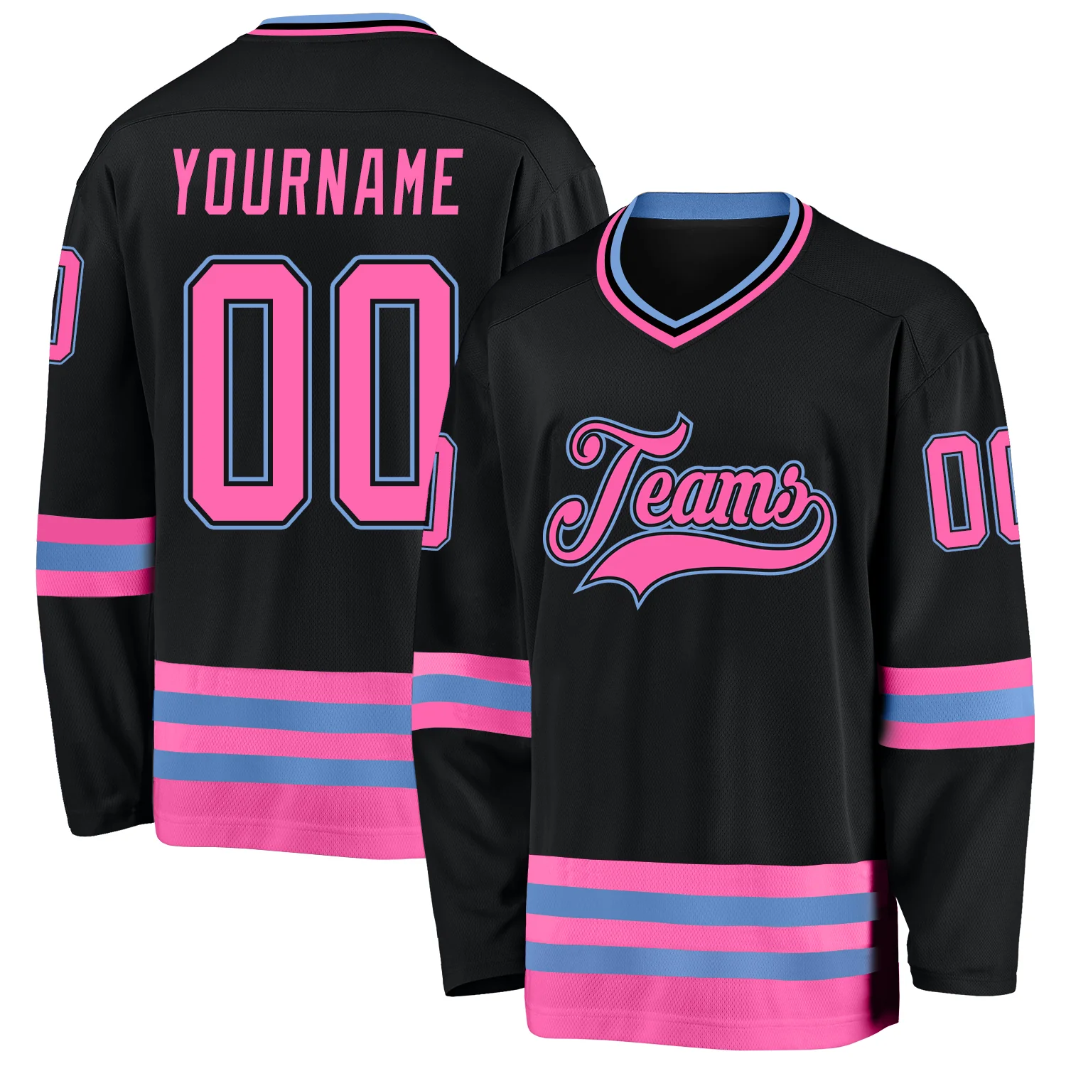 3.webp Custom Black Pink-Light Blue Hockey Jersey - Image 1