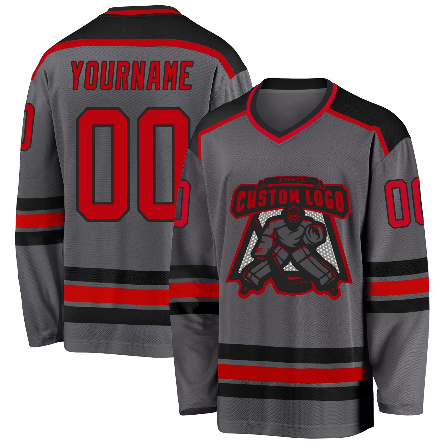 DarkGray0002.webp Custom Steel Gray Red-Black Hockey Jersey - Image 1