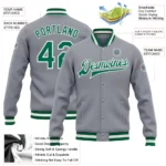 Custom Gray Kelly Green-White Bomber Full-Snap Varsity Letterman Jacket - Image 3