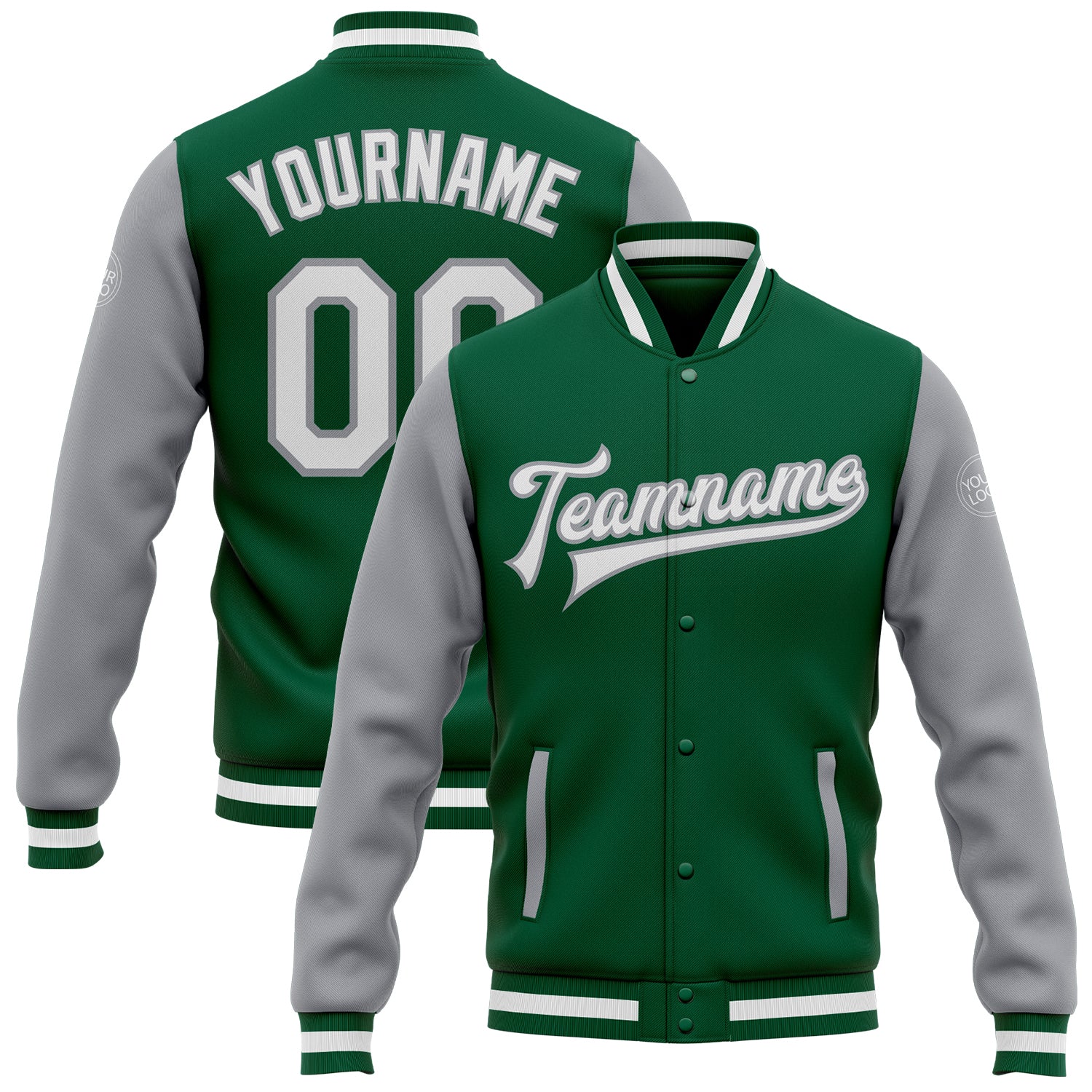 Jacket0129.jpg Custom Kelly Green White-Gray Bomber Full-Snap Varsity Letterman Two Tone Jacket - Image 1