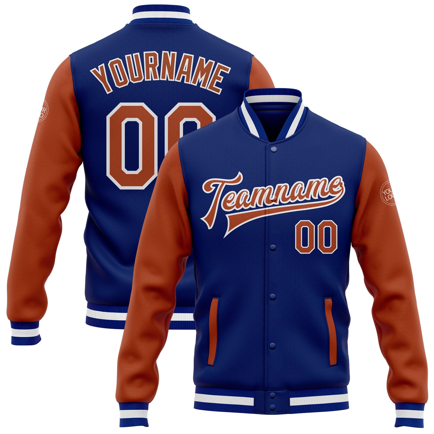 Jacket0217.jpg Custom Royal Texas Orange-White Bomber Full-Snap Varsity Letterman Two Tone Jacket - Image 1