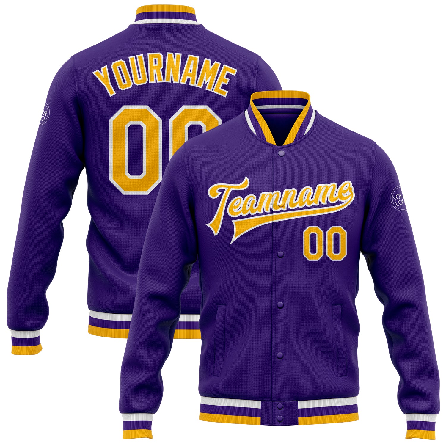 Jacket0285.jpg Custom Purple Gold-White Bomber Full-Snap Varsity Letterman Jacket - Image 1