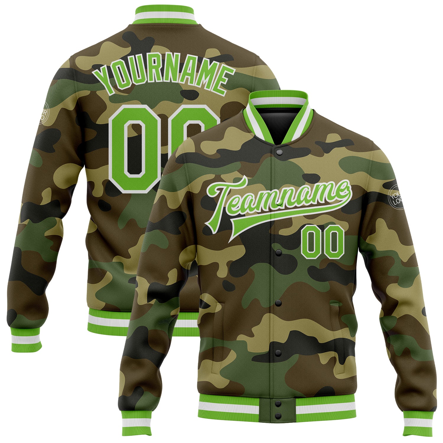 Jacket0323.jpg Custom Camo Neon Green-White Bomber Full-Snap Varsity Letterman Salute To Service Jacket - Image 1