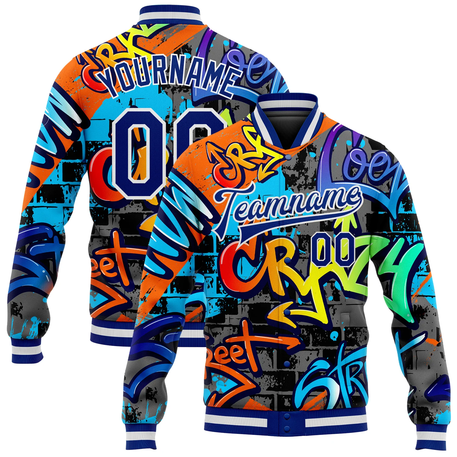 Jacket0354.webp Custom Graffiti Pattern Royal-White Geometric 3D Bomber Full-Snap Varsity Letterman Jacket - Image 1