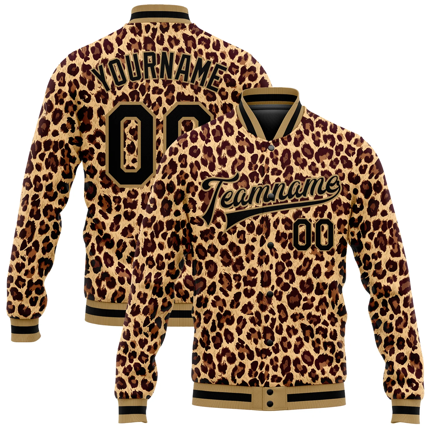 Jacket0355_666406ef-ffdf-417d-885c-8159bb018687.webp Custom Brown Black-Old Gold Leopard 3D Pattern Design Bomber Full-Snap Varsity Letterman Jacket - Image 1