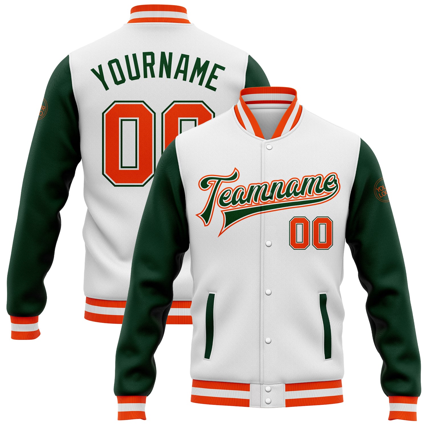 Jacket0429.jpg Custom White Orange-Green Bomber Full-Snap Varsity Letterman Two Tone Jacket - Image 1