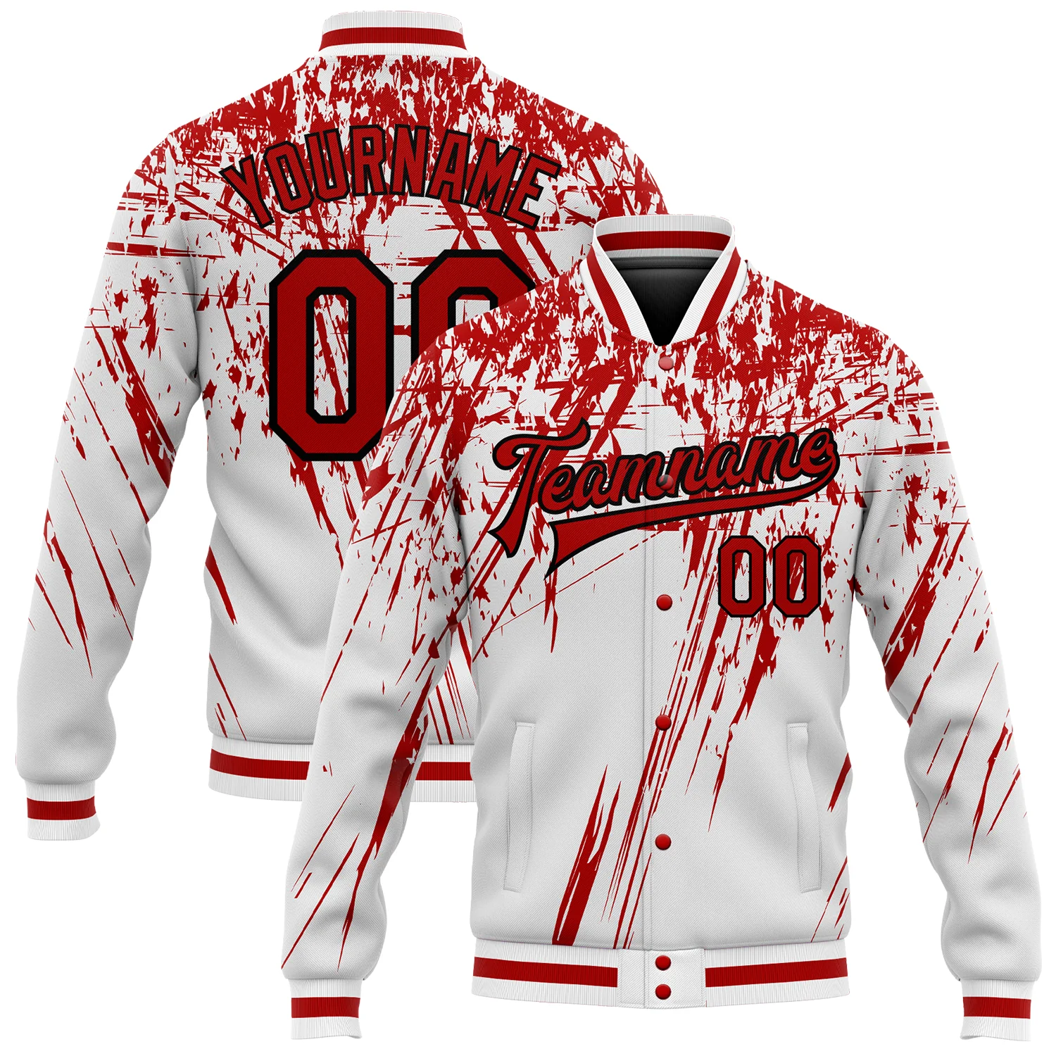 Jacket0479.webp Custom White Red-Black 3D Pattern Design Bomber Full-Snap Varsity Letterman Jacket - Image 1