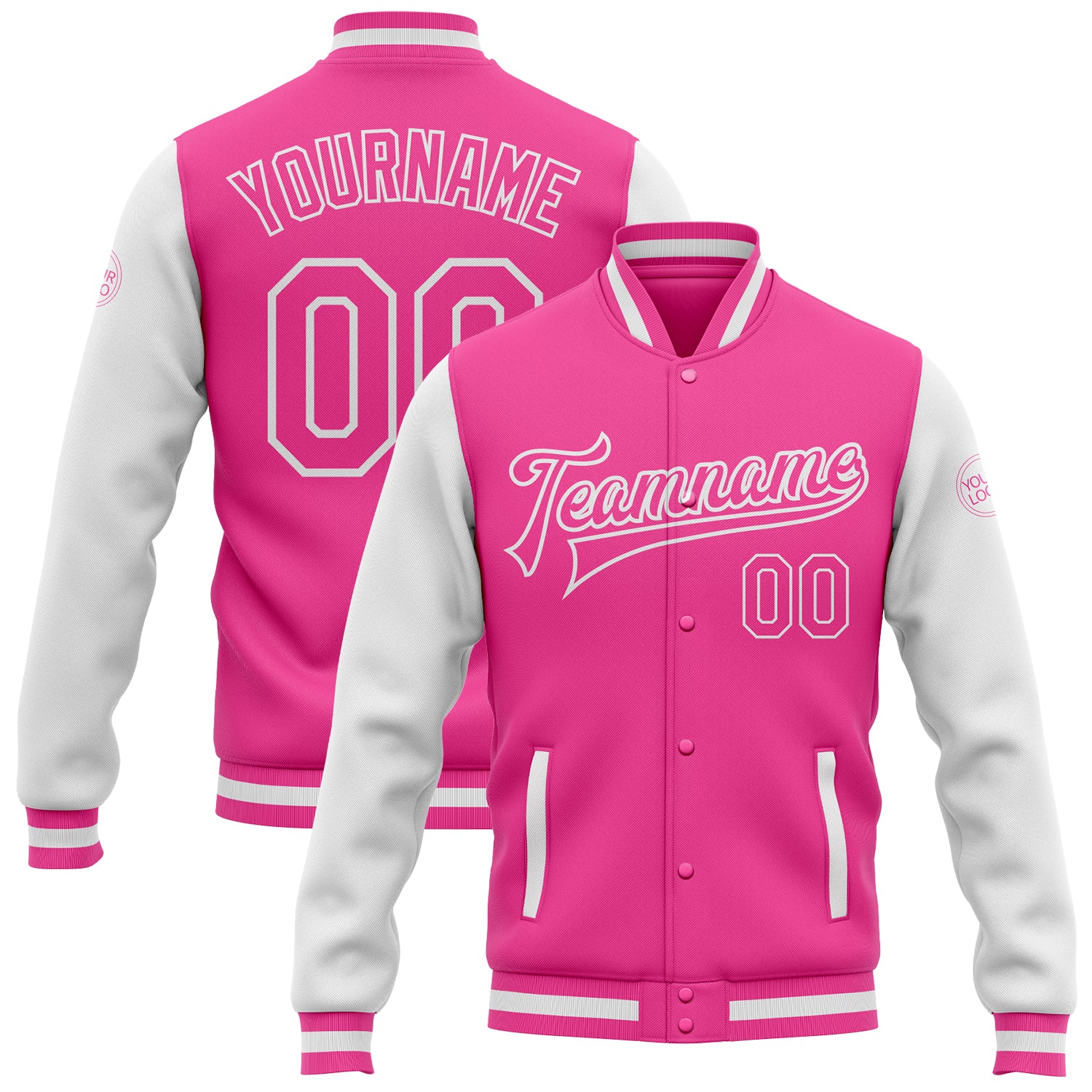 Jacket0732.jpg Custom Pink Pink-White Bomber Full-Snap Varsity Letterman Two Tone Jacket - Image 1