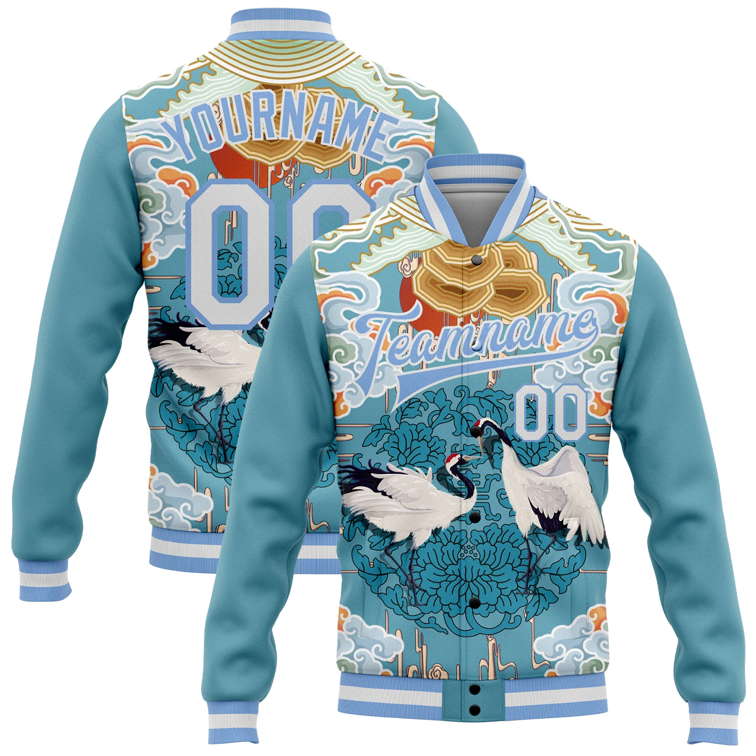 Jacket1063.webp Custom Light Blue White Heron And Cloud 3D Pattern Design Bomber Full-Snap Varsity Letterman Jacket - Image 1