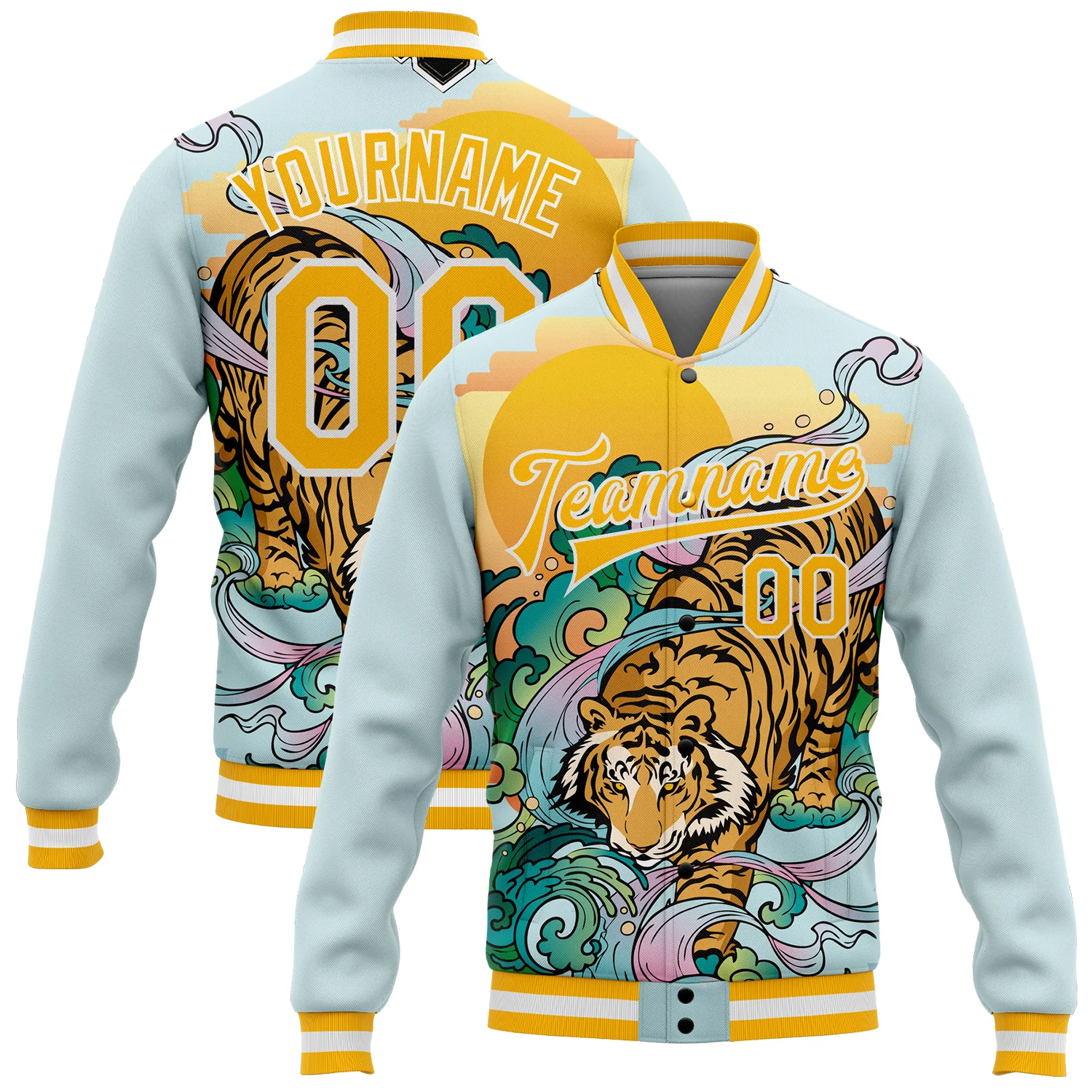 Jacket1072.webp Custom Lakes Blue Gold-White Tiger 3D Pattern Design Bomber Full-Snap Varsity Letterman Jacket - Image 1