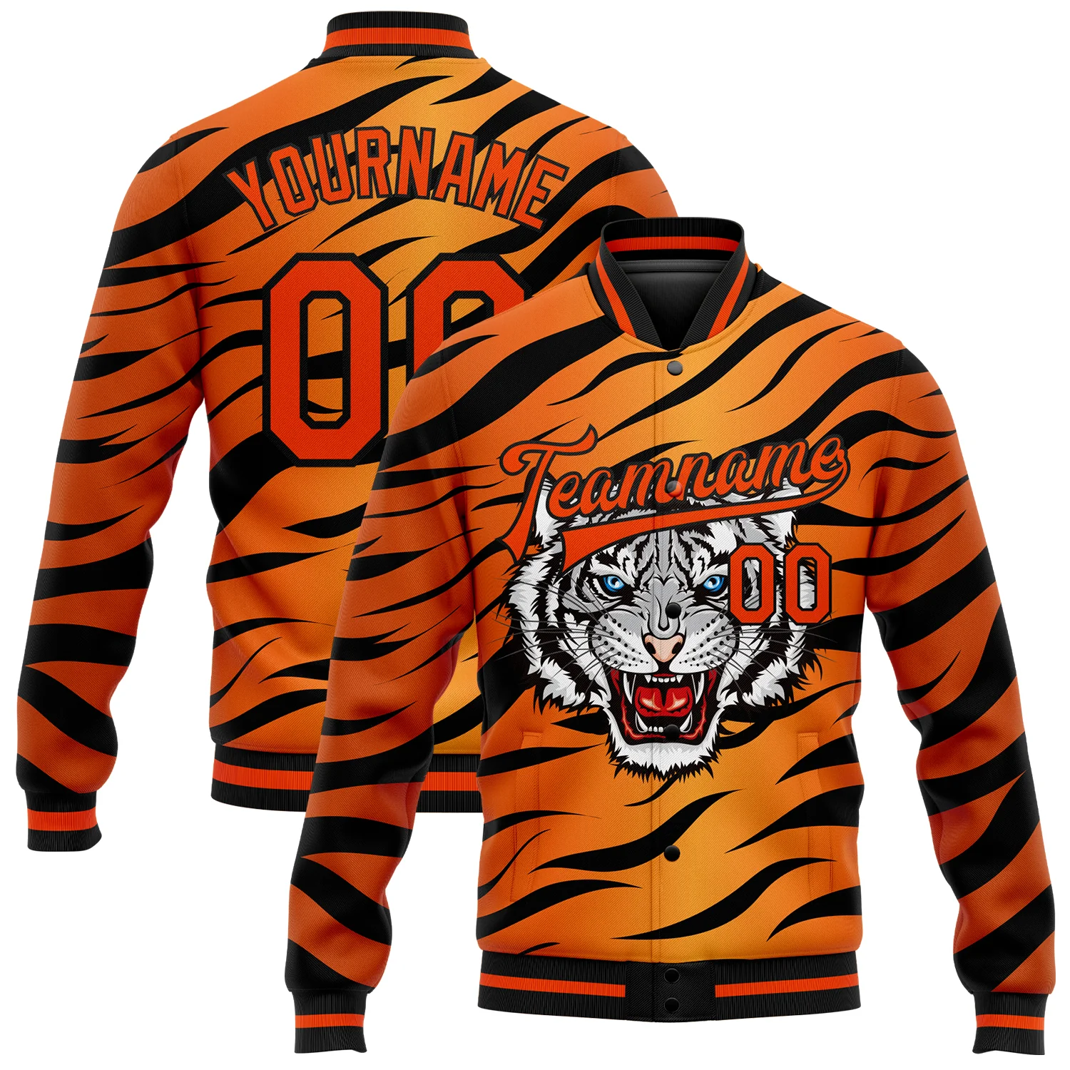 Jacket1076.webp Custom Orange Black Tiger 3D Pattern Design Bomber Full-Snap Varsity Letterman Jacket - Image 1