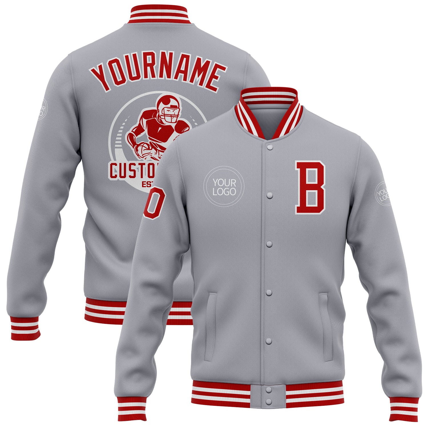 Jacket2734.jpg Custom Gray Red-White Bomber Full-Snap Varsity Letterman Jacket - Image 1