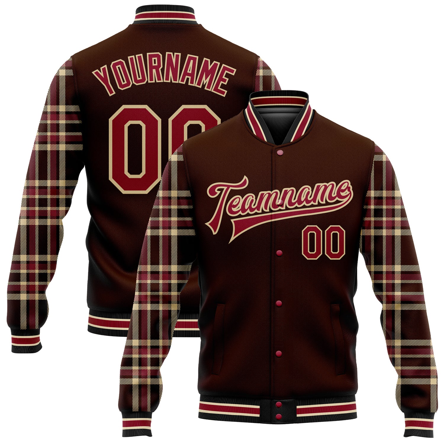 Jacket2917.jpg Custom Brown Crimson Vegas Gold Black-City Cream Classic Western Plaid 3D Pattern Design Bomber Full-Snap Varsity Letterman Jacket - Image 1