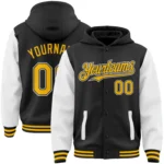 Custom Black Gold-White Bomber Full-Snap Varsity Letterman Two Tone Hoodie Jacket