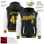 Custom Black Gold-White Bomber Full-Snap Varsity Letterman Two Tone Hoodie Jacket - Image 3