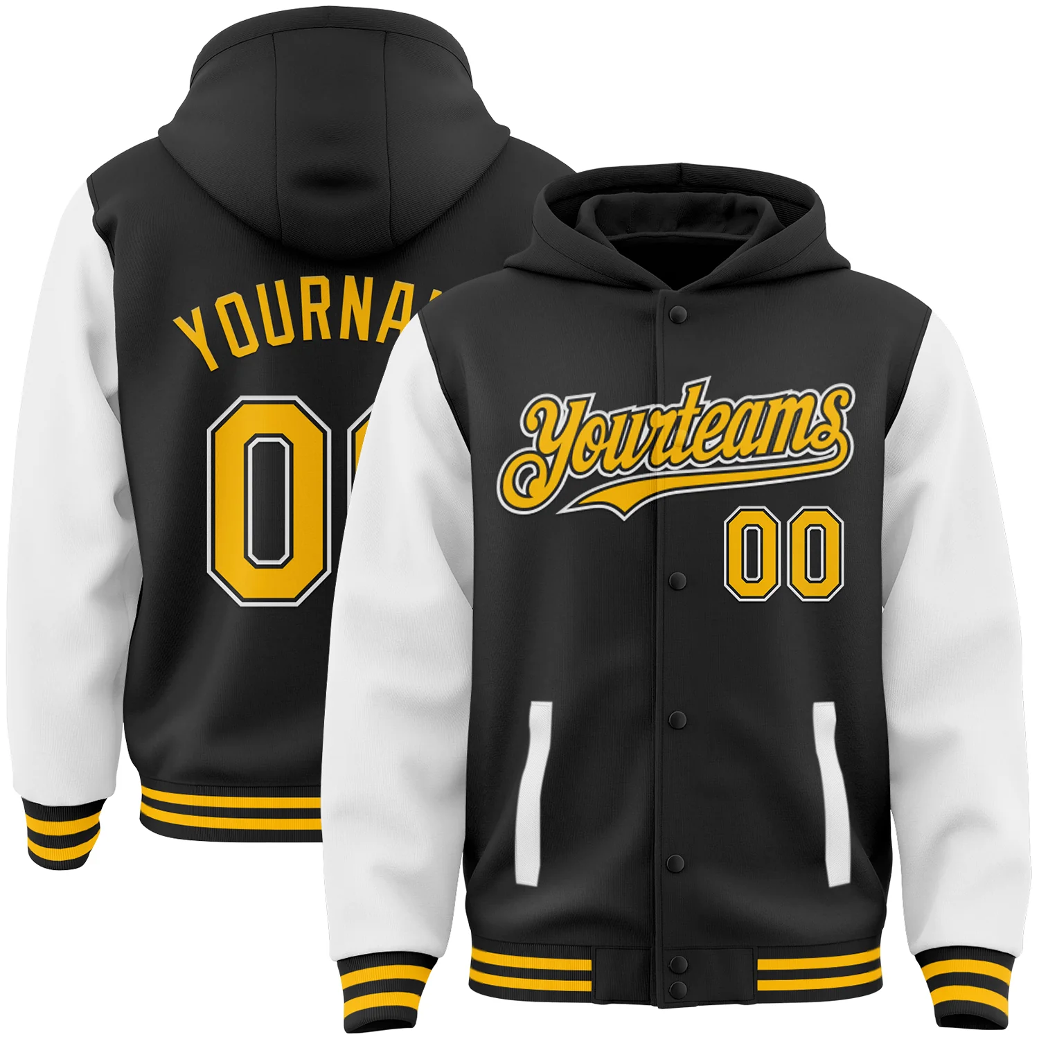 Jacket3018.webp Custom Black Gold-White Bomber Full-Snap Varsity Letterman Two Tone Hoodie Jacket - Image 1