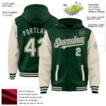 Custom Green Cream Bomber Full-Snap Varsity Letterman Two Tone Hoodie Jacket - Image 2