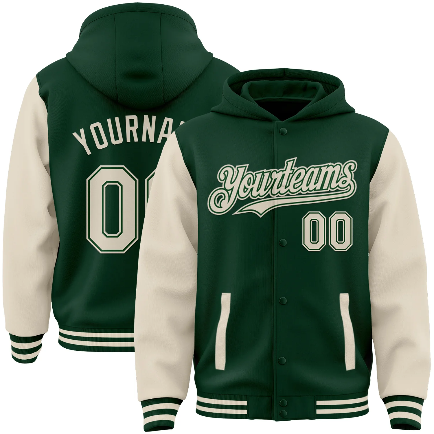 Jacket3699.webp Custom Green Cream Bomber Full-Snap Varsity Letterman Two Tone Hoodie Jacket - Image 1