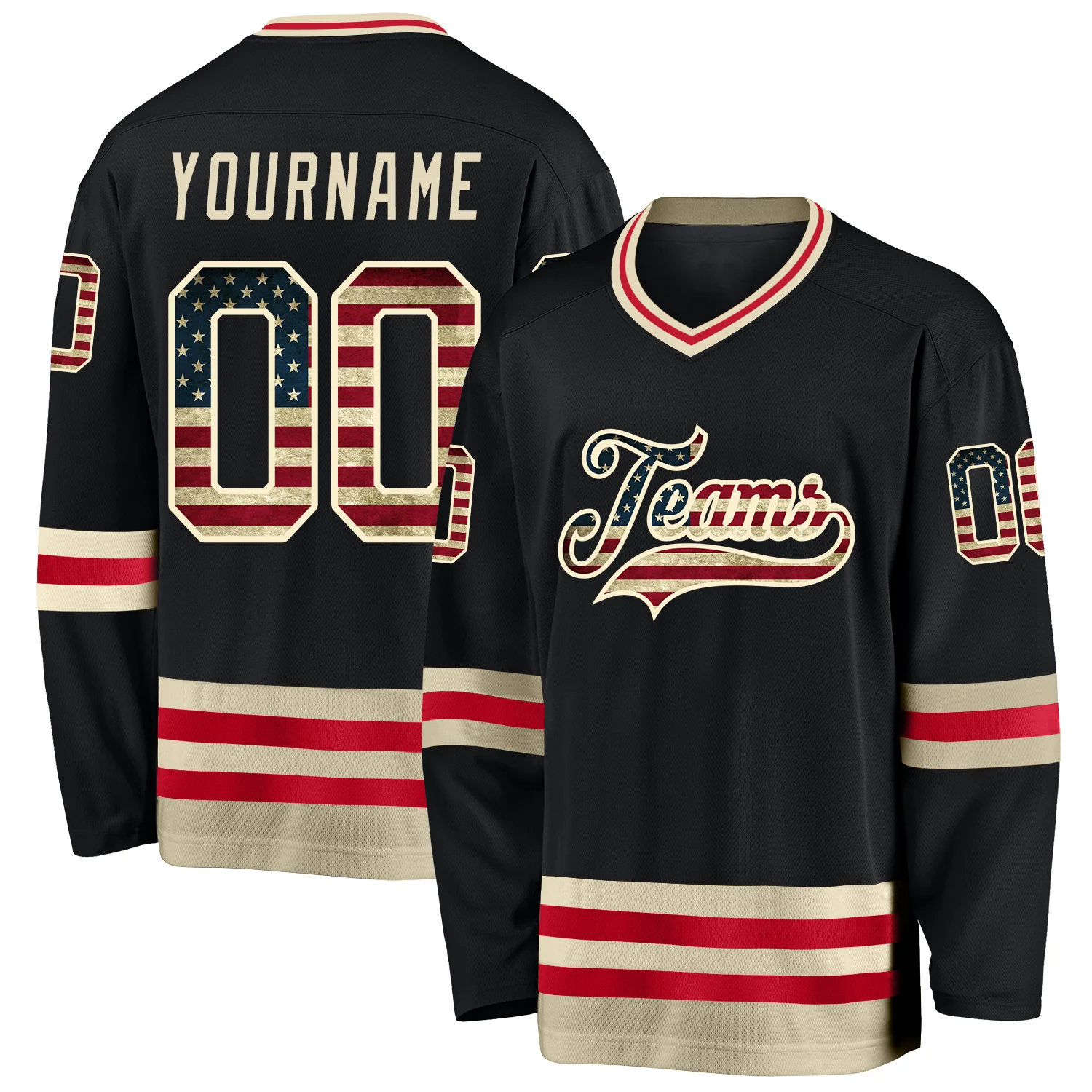 black_0584.webp Custom Black Vintage USA Flag-Cream Hockey Jersey - Image 1